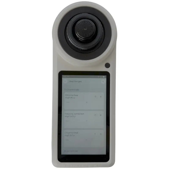 Handheld electronic device with a circular lens and rectangular display screen.