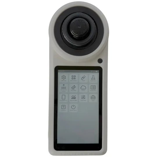 Handheld electronic device with a camera lens and touchscreen display showing various icons.