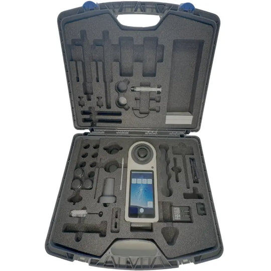 Portable water testing kit with various instruments and components in a protective case.